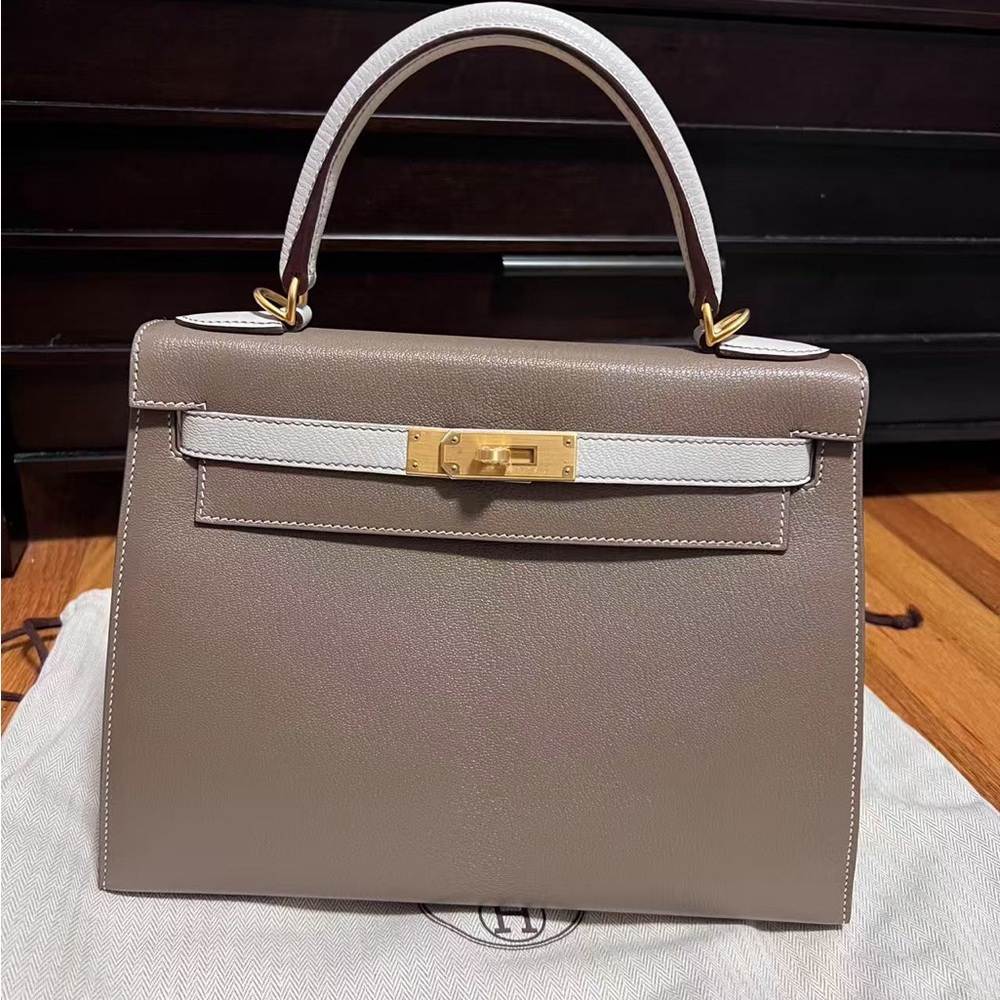 AUTH HERMES HSS Kelly Sellier 28, Etoupe/Gris Perle, Brushed Gold Hardware